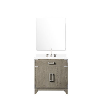 30 po Armoire de salle de bain en chêne gris X 22, comptoir en quartz blanc, miroir 28 et meuble-lavabo