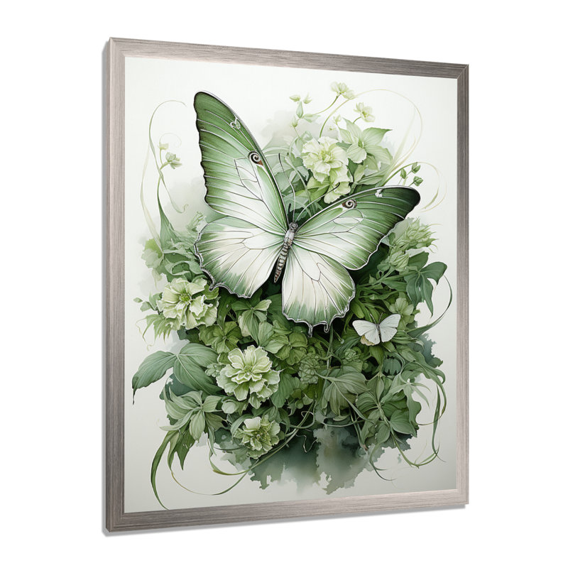 «Green Butterfly Whirling Beauty», art sur toile papillon, H 44 po x l 34 po x P 1,5 po, Cadre simple argenté