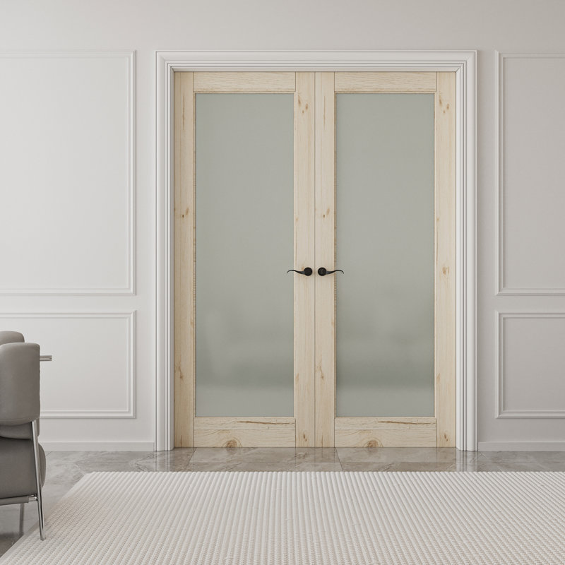 Portes doubles en verre blanc givré 1-Lite avec portes en pin blanc avec quincaillerie / poignée, 60 po x 80 po