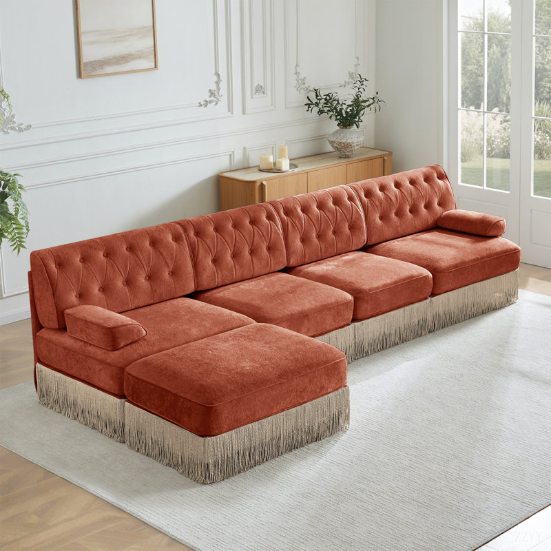 Canapé Chesterfield, H 34,2 po x l 135,6 po x P 60,3 po, 4, Rouge / Brun