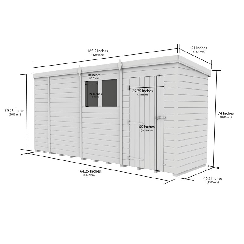 14ft x 4ft Pent Shed - Double Door without Windows