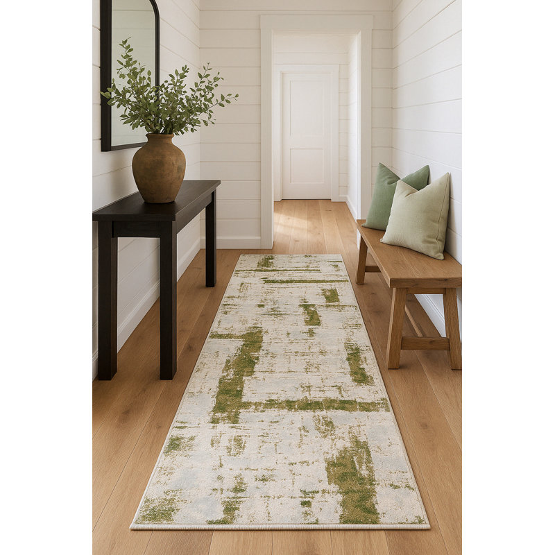 Tapis vert à motif abstrait Alexzander, Tapis de couloir 2 pi 3 po x 13 pi