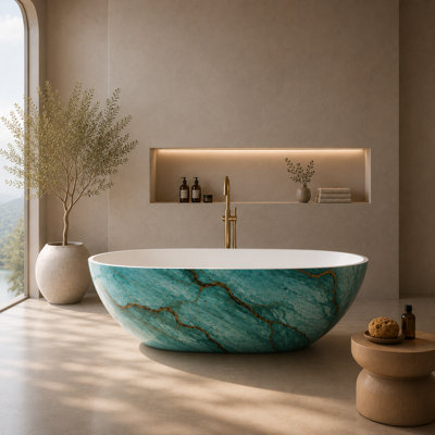 Baignoire de trempage autoportante de 65 po à surface solide, extérieur vert jade mat avec intérieur blanc, baignoire en résine effet marbre
