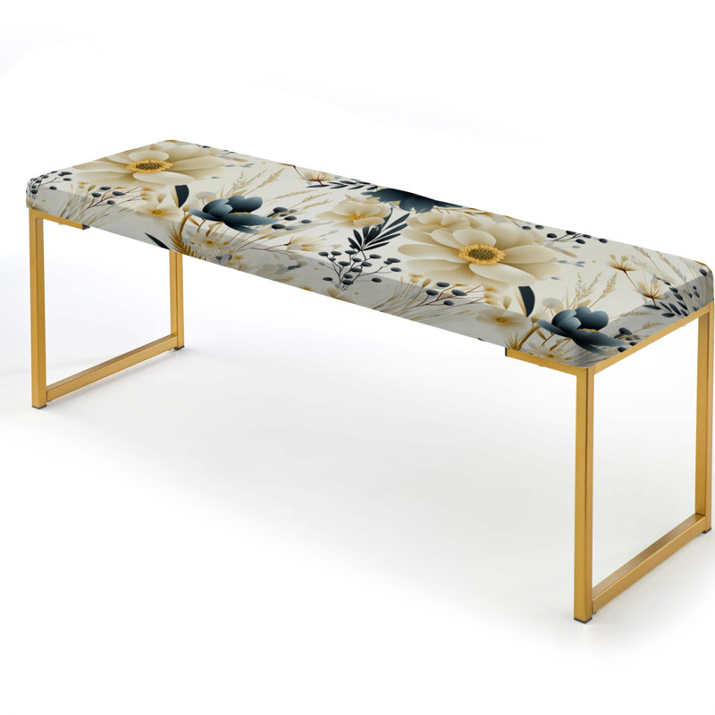 Neutral Greys Flowers Accents - Botanical Upholstered Gold Bench