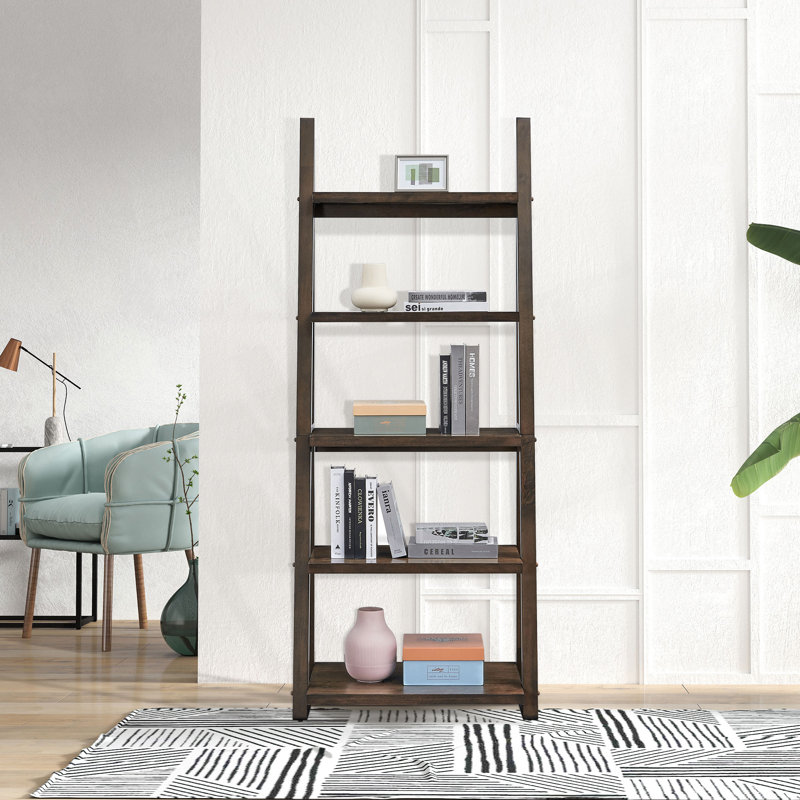 Bibliothèque échelle à 5 niveaux avec structure en bois d'hévéa, support de rangement multifonctionnel pour divers décors