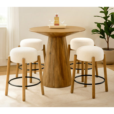 Jaden 36" Counter Table Set With 4 Natalia Counter Stools In Ivory Boucle Fabric