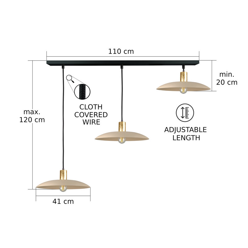 3 - Light Matte Black Dome Pendant, Gold/Latte