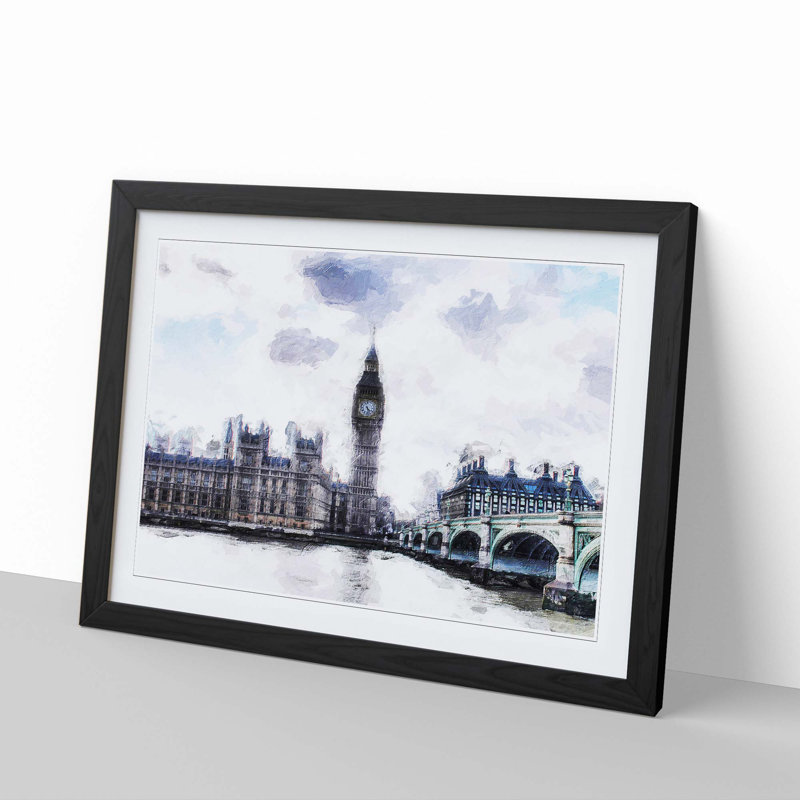 The Houses of Parliament London in Abstract - Picture Frame Painting Print, 27cm H x 36cm W x 2cm D, Black Framed