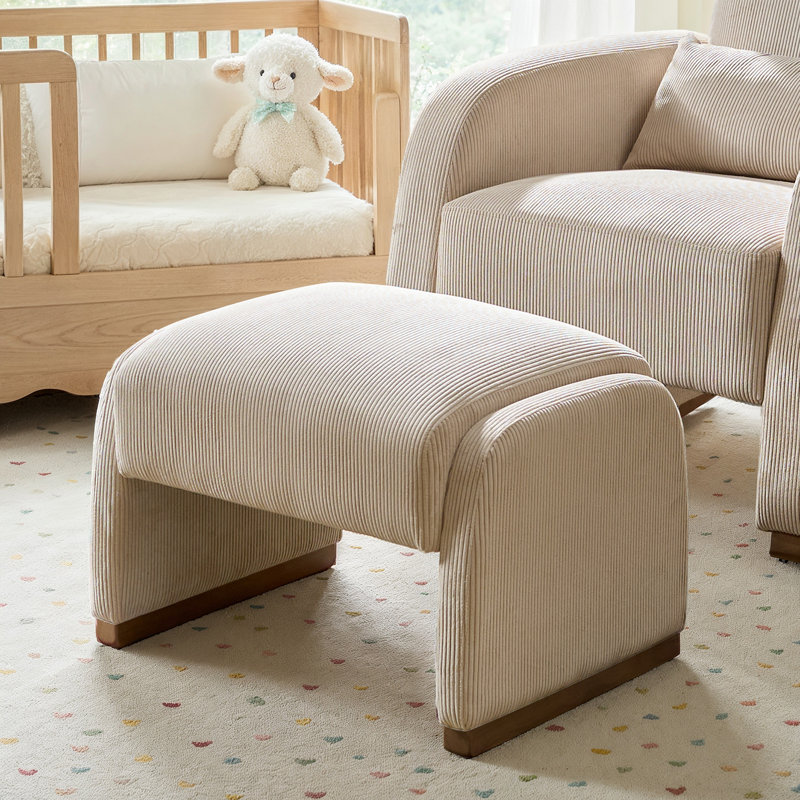 Ronald Modern 25.2"W Corduroy Ottoman with Solid Wood Legs, Beige