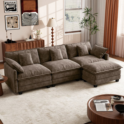 Maney 111.5" Modern 4 Seat Chenille L Shaped Modular Sectional Sofa With Ottoman