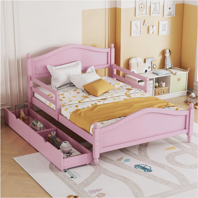 Wood Platform Bed with Guardrails on Both Sides and Two Storage Drawers ,Pink, Full