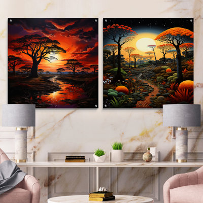 Baobab Tree Landscape III - Tree Baobab Acrylic Wall Art Glass Set Of 2
