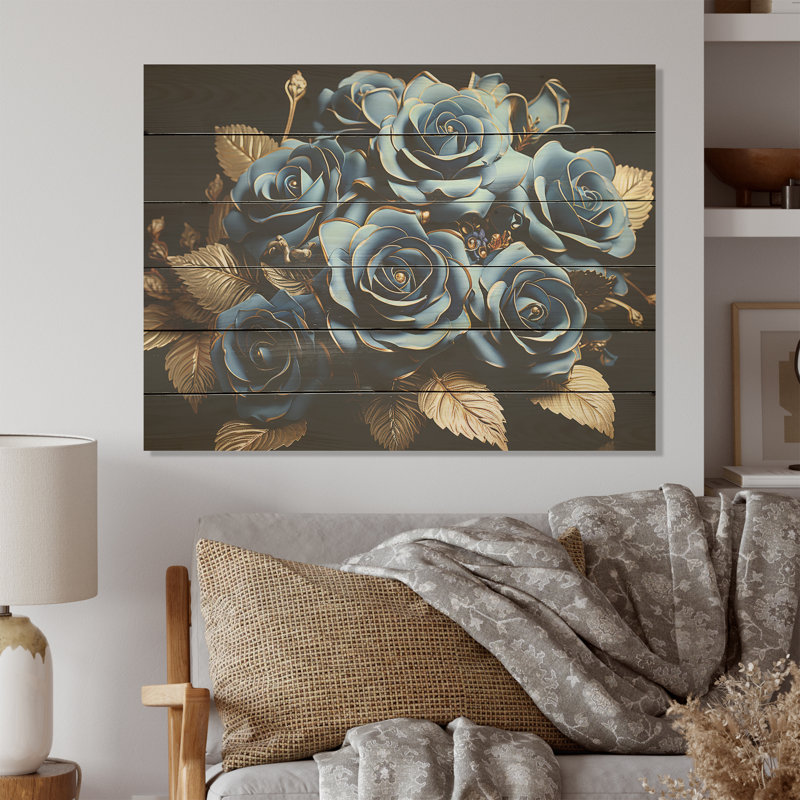 «Azure Blue Roses Arrangement Elegance I - Roses, art sur bois de pin naturel, H 10 po x l 20 po