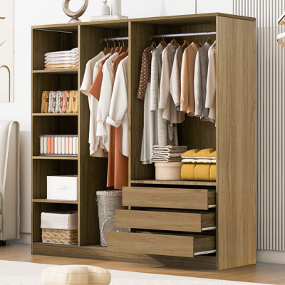 Armoire de rangement en bois avec tablettes, 3 tiroirs et tringles suspendues Dravon