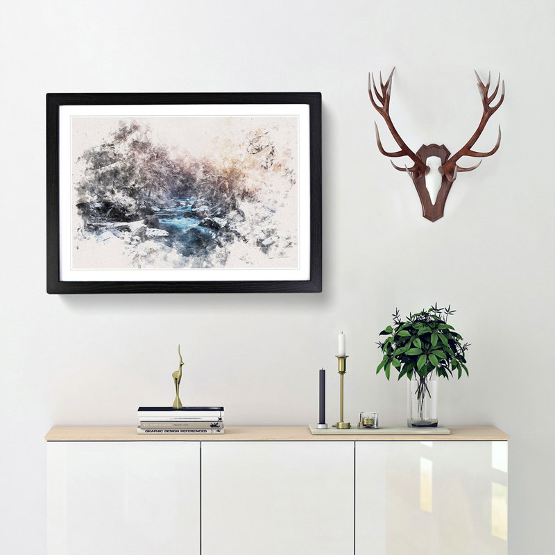 Winter Forest & Stream In Canada Watercolour - Framed Print, 45cm H x 63cm W x 2cm D, Black