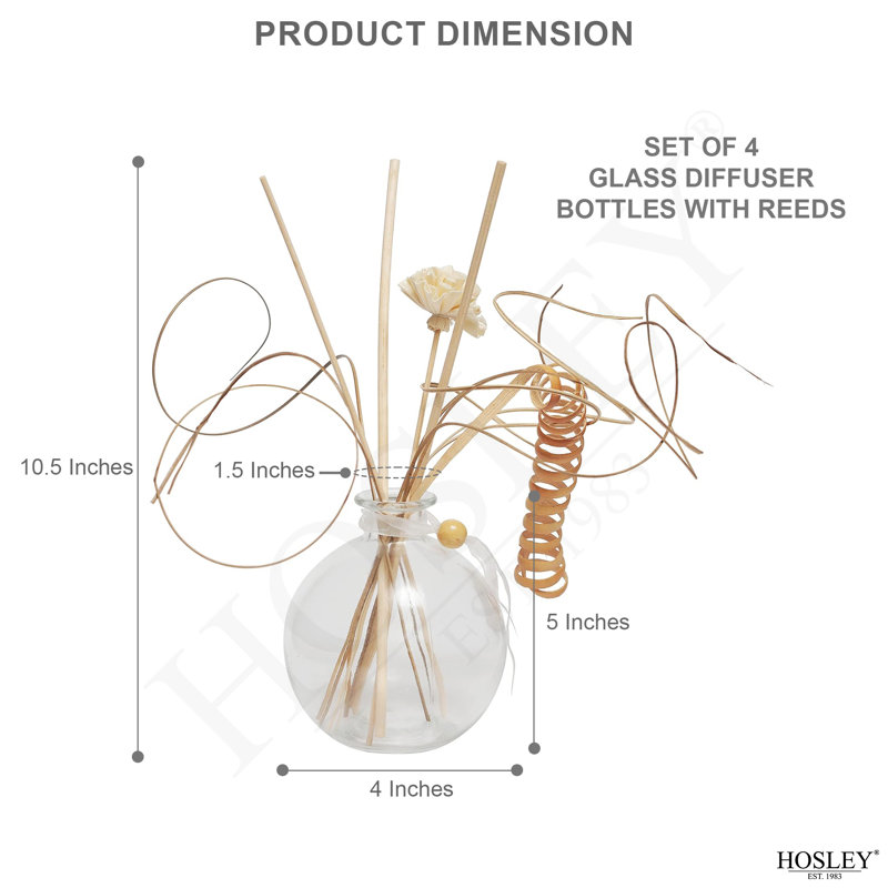 Hosley Glass Diffuser Bottles with Reeds Set of 4 for Home Decor, Aromatherapy, Birthday Gifts for Women, Room Decor - Elegant Home & Office Gift Set (Oil Not Included)