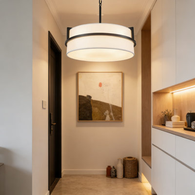 Lustre tambour moderne avec abat-jour en lin blanc, luminaire suspendu réglable à 5 lumières pour îlot de cuisine, salle à manger et chambre à coucher