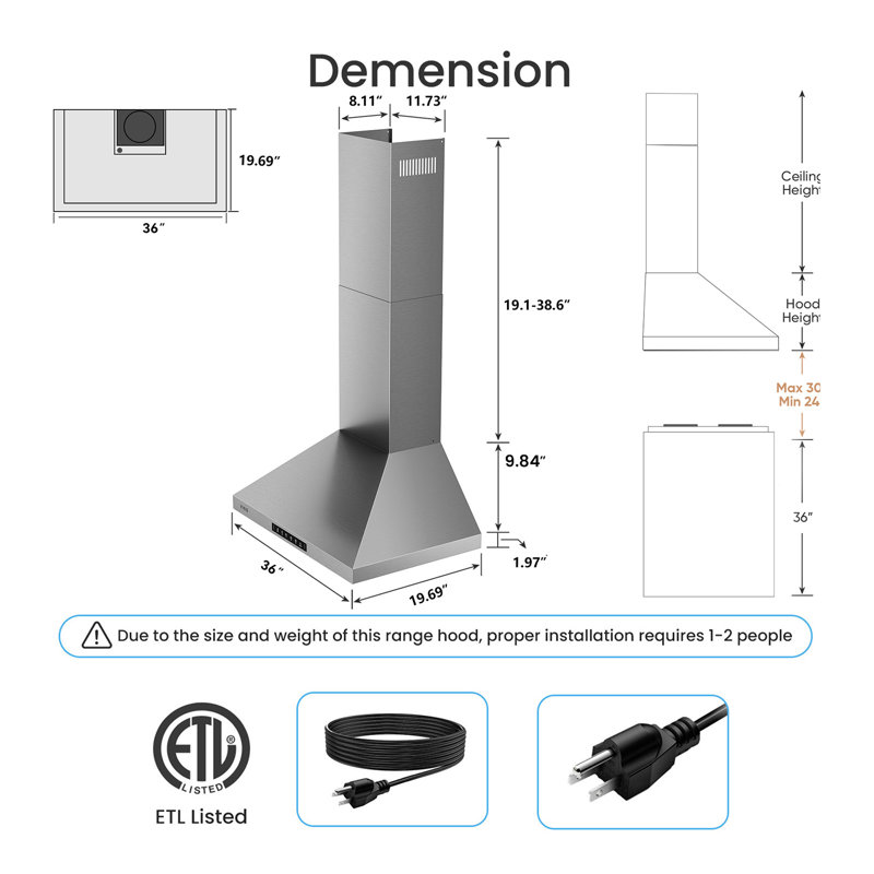  VIKIO 36" Wall mount Range Hood with 2 GU10 LED lights, 3-Speed, 600 CFM, Ultra-Quiet, Dishwasher-Safe Filters, Stainless Steel, ETL Listed