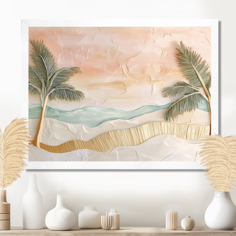 Palmiers verts et dorés à l'horizon, collage sur la plage IV - et arbres, tableau encadré, H 34 po x l 44 po