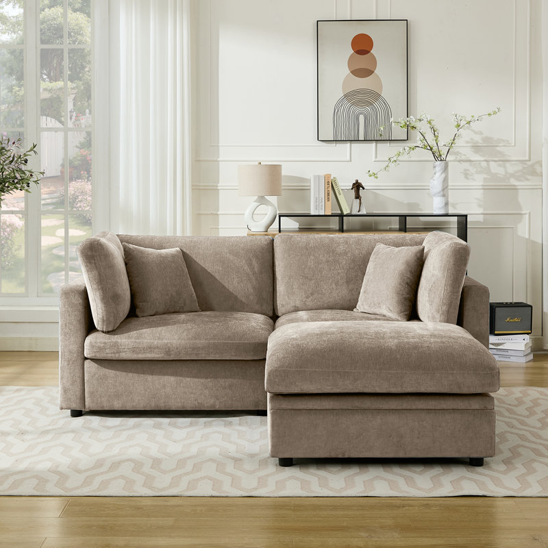 82.7” W Oversized Down-Filled 3-Seater Modular Sofa With Ottoman, Khaki Chenille