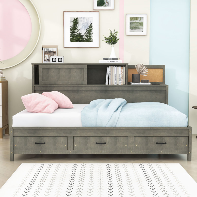 Versatile Wooden Daybed with Built-In Storage Drawers, USB Ports and Pushable Top Shelf, Gray, Full