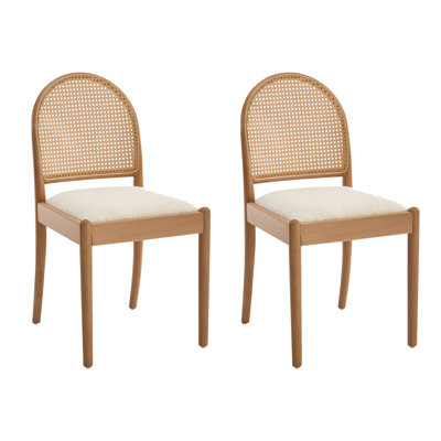 Farmhouse Modern Boho Solid Wood Frame Dining Chairs with Bouclé Upholstered Seat & Natural Rattan Back, Breathable and Comfortable Side Chairs for the Kitchen or Dining Room