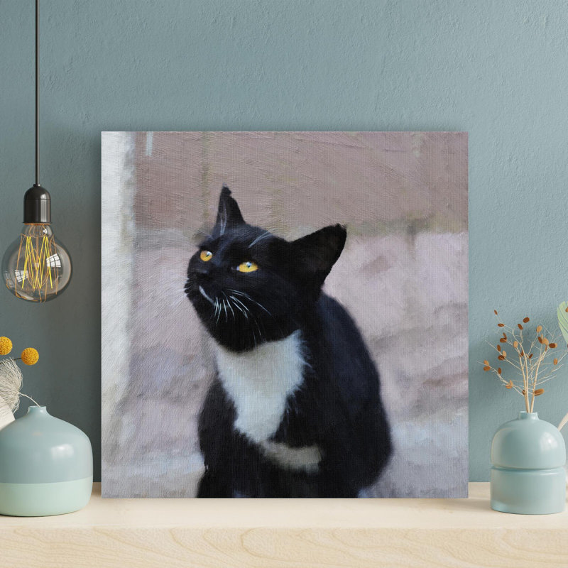 Tuxedo Cat Sitting On Floor - 1 pièce, impression carrée sur toile tendue, L 32 po x H 32 po