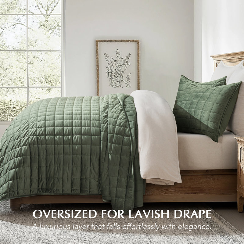 Box Stitch PearlVelvet Quilt set, King Quilt + 2 King Shams, Olive Green