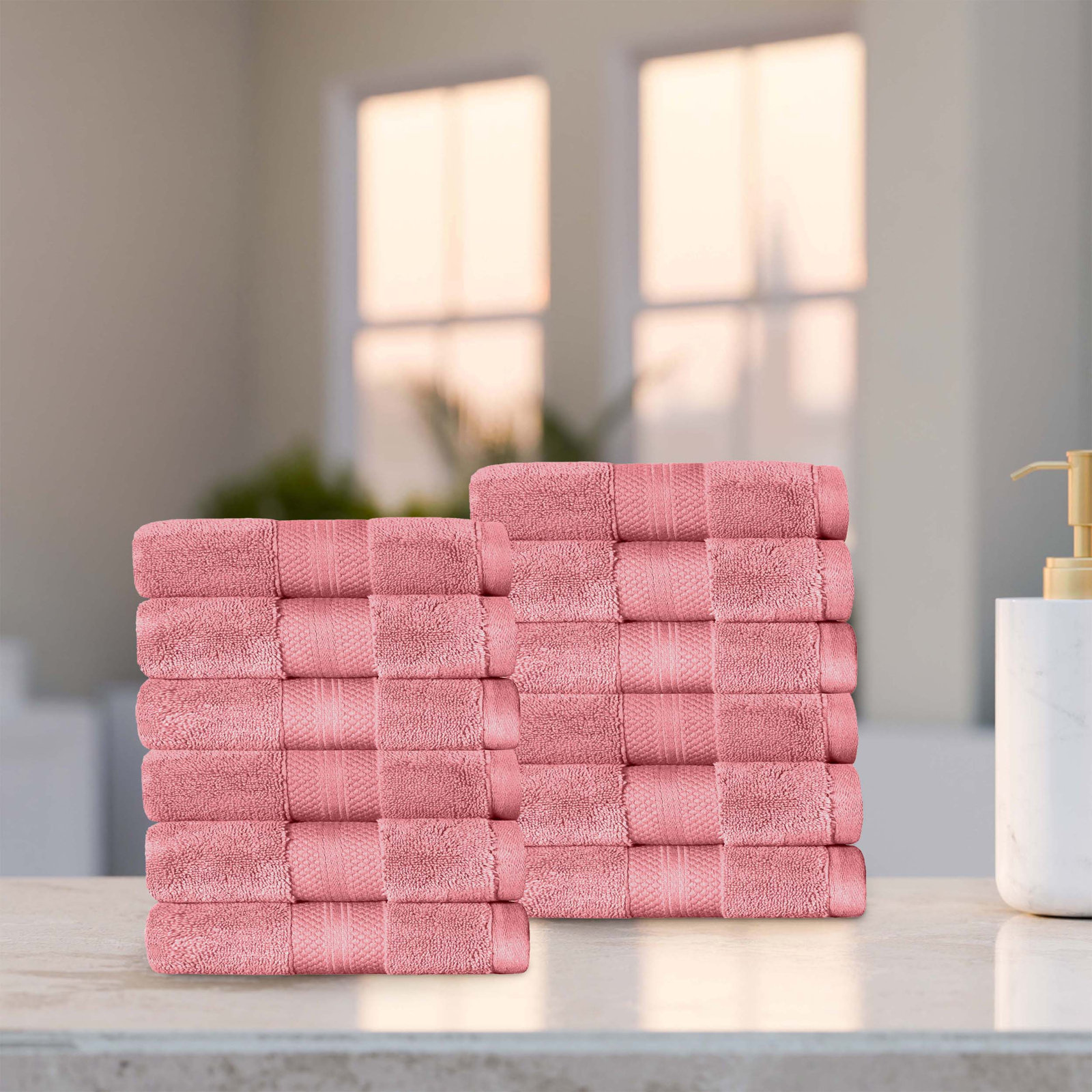 Finnian Ultra-Plush Heavyweight, 100% Turkish Towel Collection, Coral Pink, Washcloths - 12 Pack