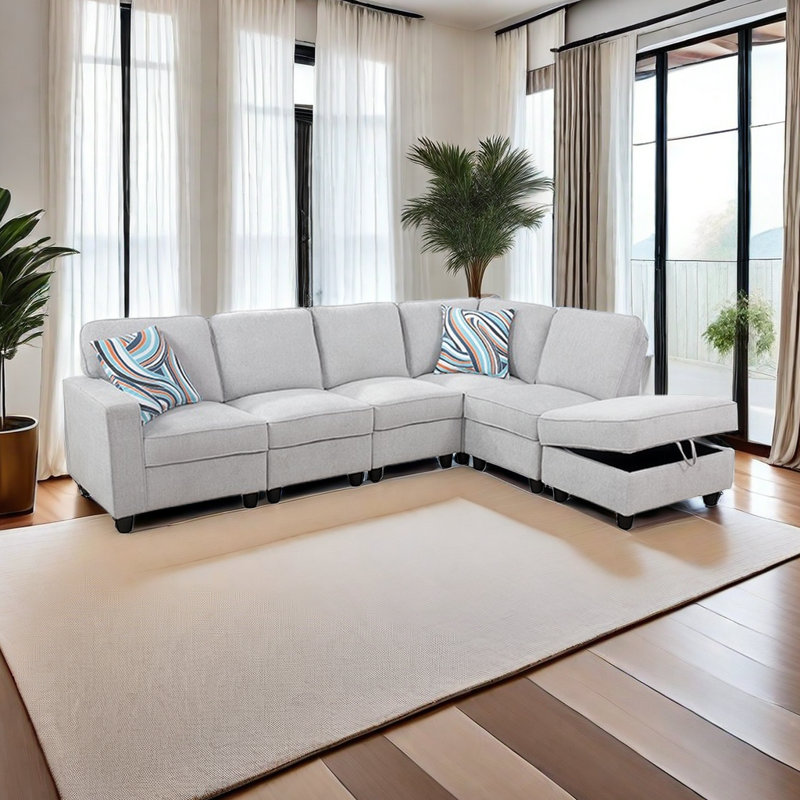 Khadijia Upholstered L-Shaped Sectional, Gray Linen