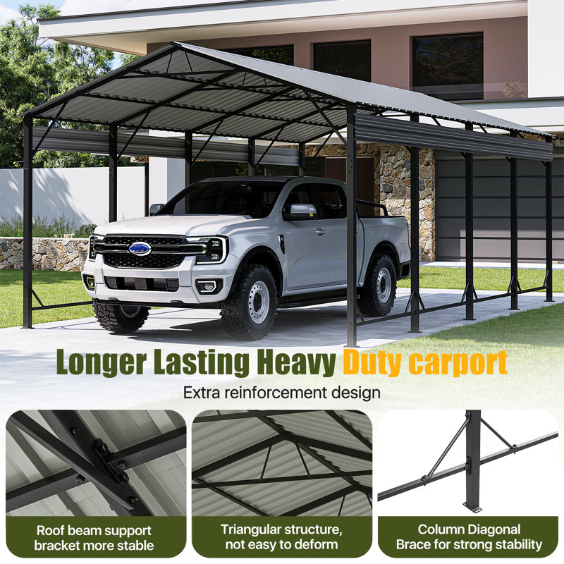 12 Ft. W X 20 Ft. D Heavy Duty Carport With Galvanized Steel Roof, 12 Ft. W x 20 Ft. D