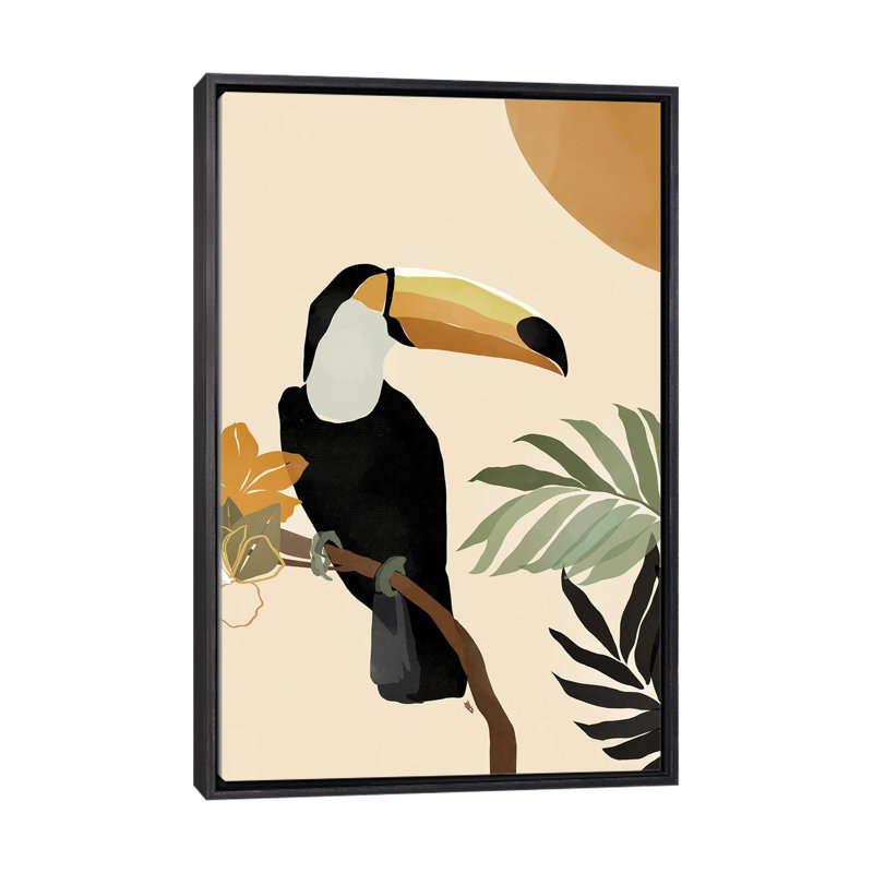 Impression d’art graphique, "Toucan" par Brie Nicole, H 26 po x l 18 po x 1,5 po, Toile avec cadre noir patiné, Pas de tapis