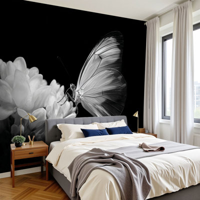 Peel and Stick Wallpaper 96" W x 69" H Modern Self Adhesive Wall Mural for Bedroom Tropical butterfly flowers black white