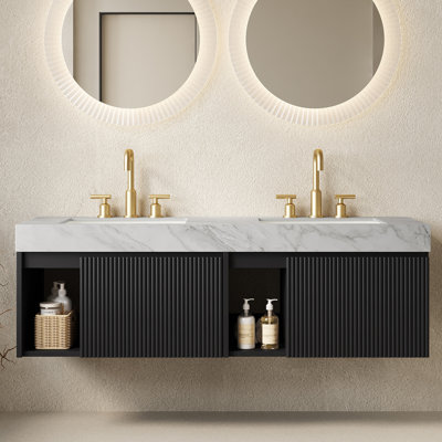 Meuble-lavabo suspendu de 152 cm avec lavabo double, comptoir en pierre frittée veinée gris Carrara, noir
