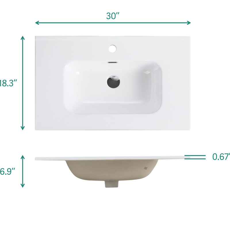 Bassin en céramique intégré Bb09-30-311, finition brillante, conception élégante et pratique, entretien simple, bord arrondi pour, profondeur de 30,77 po, largeur de 18,53 po, hauteur de 7,03 po, poids de 30,6 lb, fin