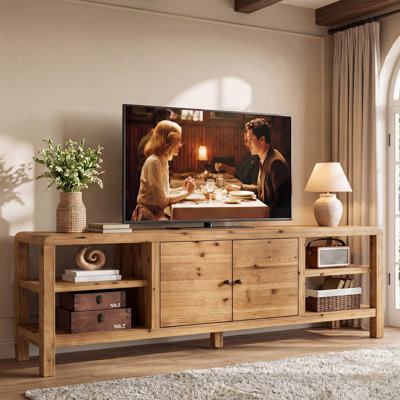 71" Solid Wood Tv Stand With Open Shelves, Rustic Farmhouse Entertainment Centre For Living Room, Natural Brown