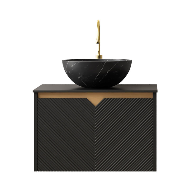 Meuble-lavabo et lavabo de salle de bain 24 po RUBEN, armoire de rangement flottante murale en contreplaqué, double vasque en sergé avec vasque en céramique avec motif en pierre et plateau en pierre frittée noire