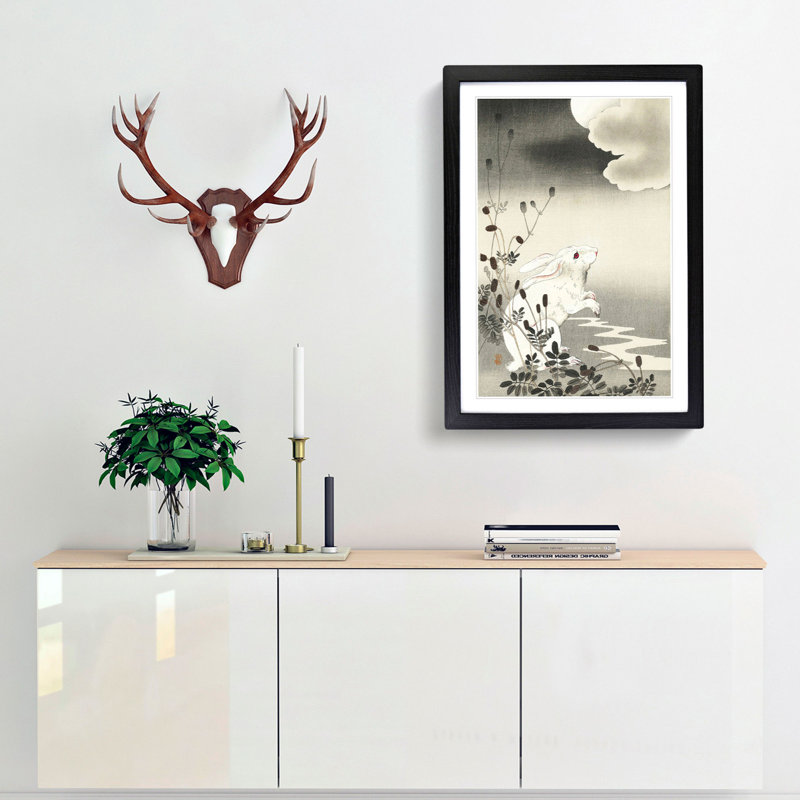 Rabbit at Full Moon by Ohara Koson - Picture Frame Painting Print, 65cm H x 48cm W x 2cm D, Black Framed