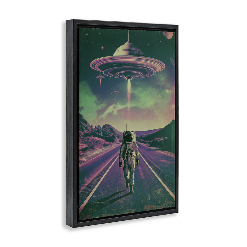 Astronaute avec cadre flottant ovni, conception de Wumples, Cadre flottant noir de jais, H 25 po x l 17 po