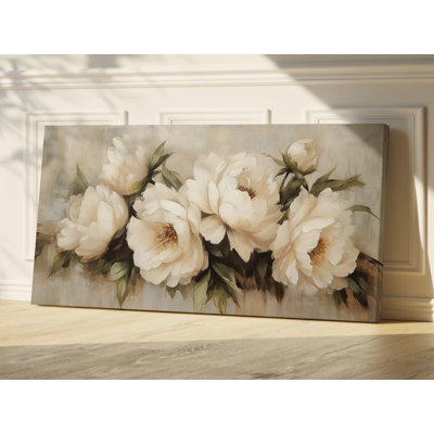 Art mural de pivoines blanches antiques - fleurs mortes rétro, décoration murale rustique neutre