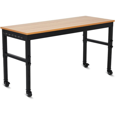 Établi à hauteur réglable avec prises intégrées et plateau en bois d'hévéa robuste, banc de travail d'une capacité de 2 500 lb, table de travail de garage pour atelier, atelier de réparation, maison, bureau