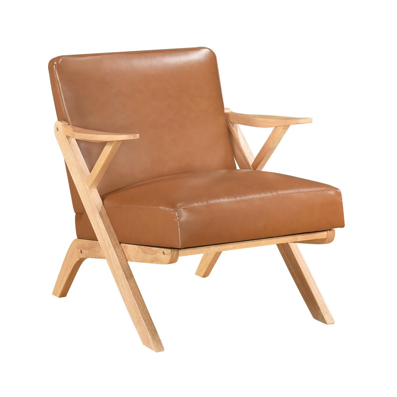 Chaise d'appoint de salon avec revêtement en similicuir brun et structure en bois d'hévéa, Brun, Naturel