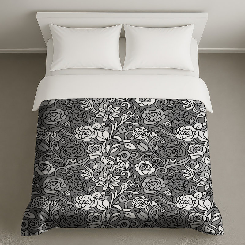 Housses de couette noires florales, Grand lit