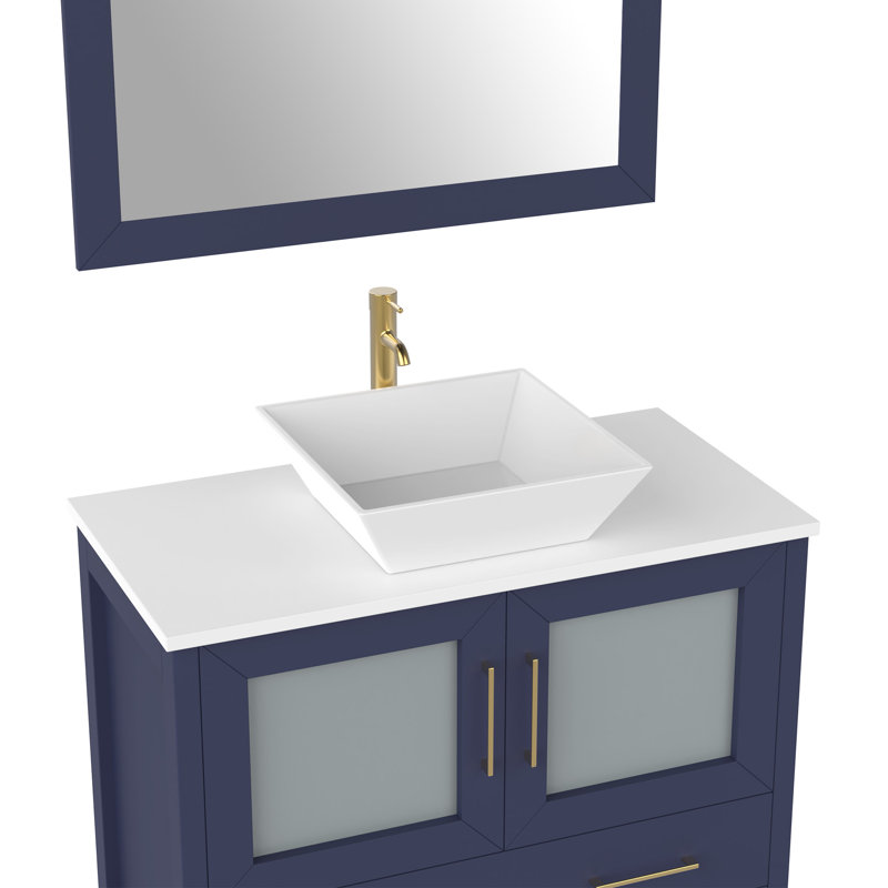 Ravenna 36" Freestanding Single Sink Bathroom Vanity with Engineered Marble Top and Matching Mirror, Blue, 36" W