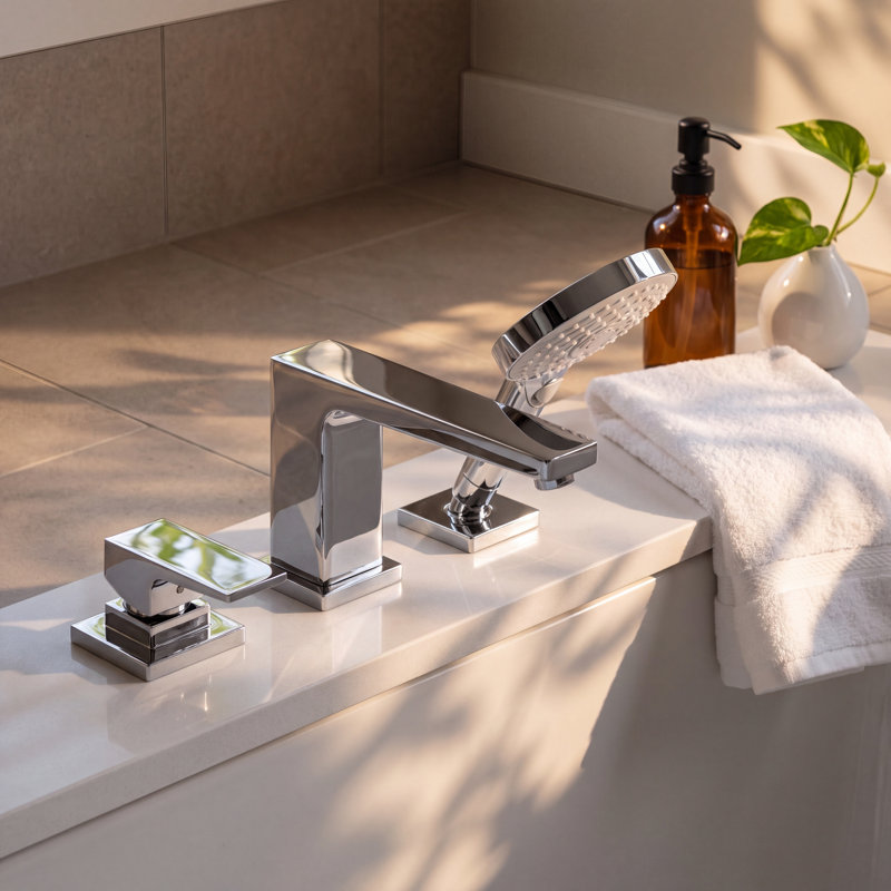 Metropol Single Handle Deck Mounted Roman Tub Faucet Trim with Diverter and Handshower, Polished Nickel