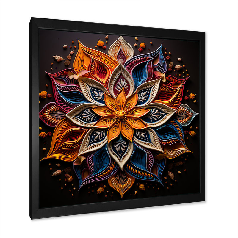 Hindouisme Rangoli Whispers - imprimé, Cadre simple noir, H 30 po x l 30 po x P 1 po