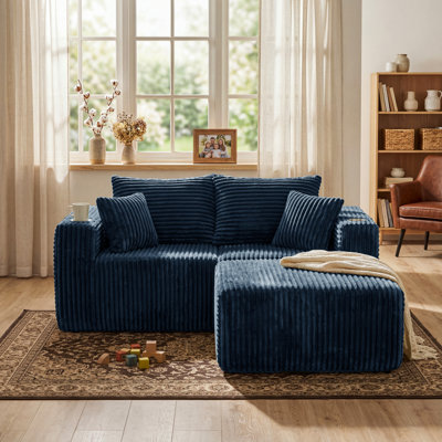 Aldora  3 Pcs L-Shaped Modern Modular Compression Sectional Sofa, Sectional Couch with Ottoman, Cup Holders and Side Storage Pocket, Corduroy Upholstery, Pocket Spring Support, 4 Throw Pillows, No Assembly Required for Living Room Blue