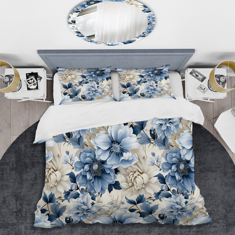Coastal Tranquility Victorian Pattern IX - Floral Duvet Cover Set, King Duvet Cover + 2 King Shams