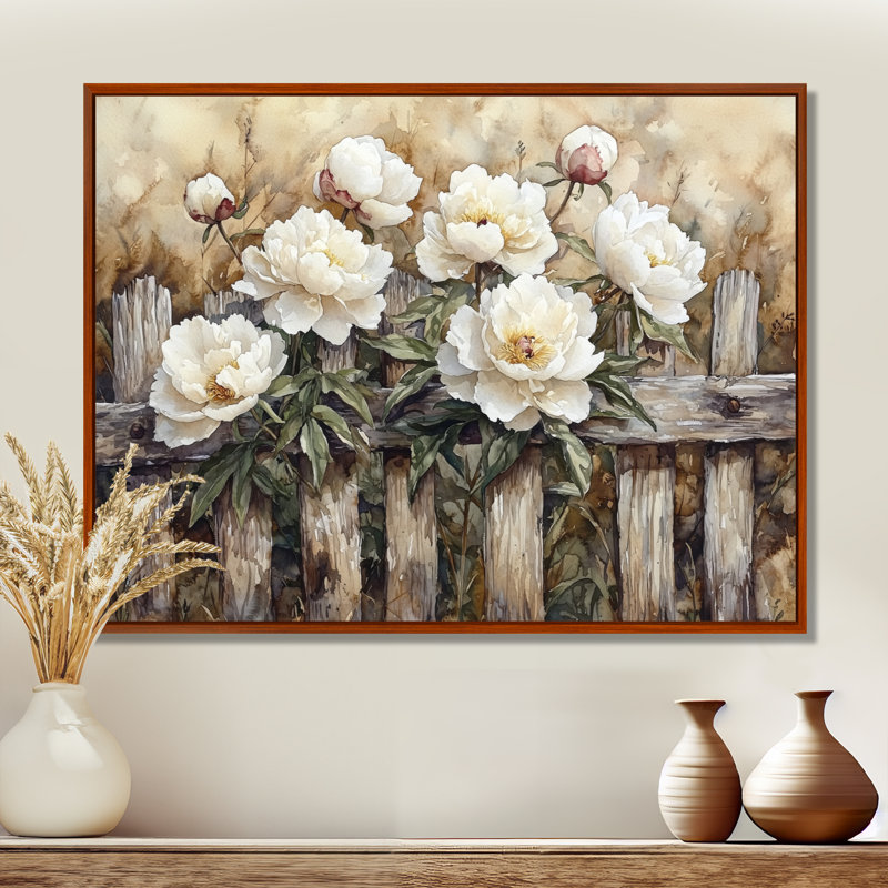 Drees, campagne, pivoines par la vieille clôture I - pivoines, art mural, Brun, Impression encadrée flottante