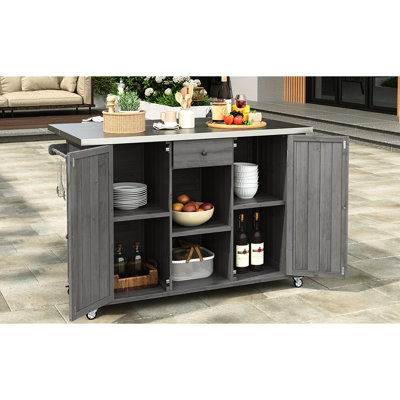 Grey Outdoor Kitchen Island - Fir Wood Construction, Stainless Steel Top, Versatile Storage, Towel Rack, Spice Built-In Bottle Opener, Lockable Wheels In Build, Countertop, Storage Compartments, & ,